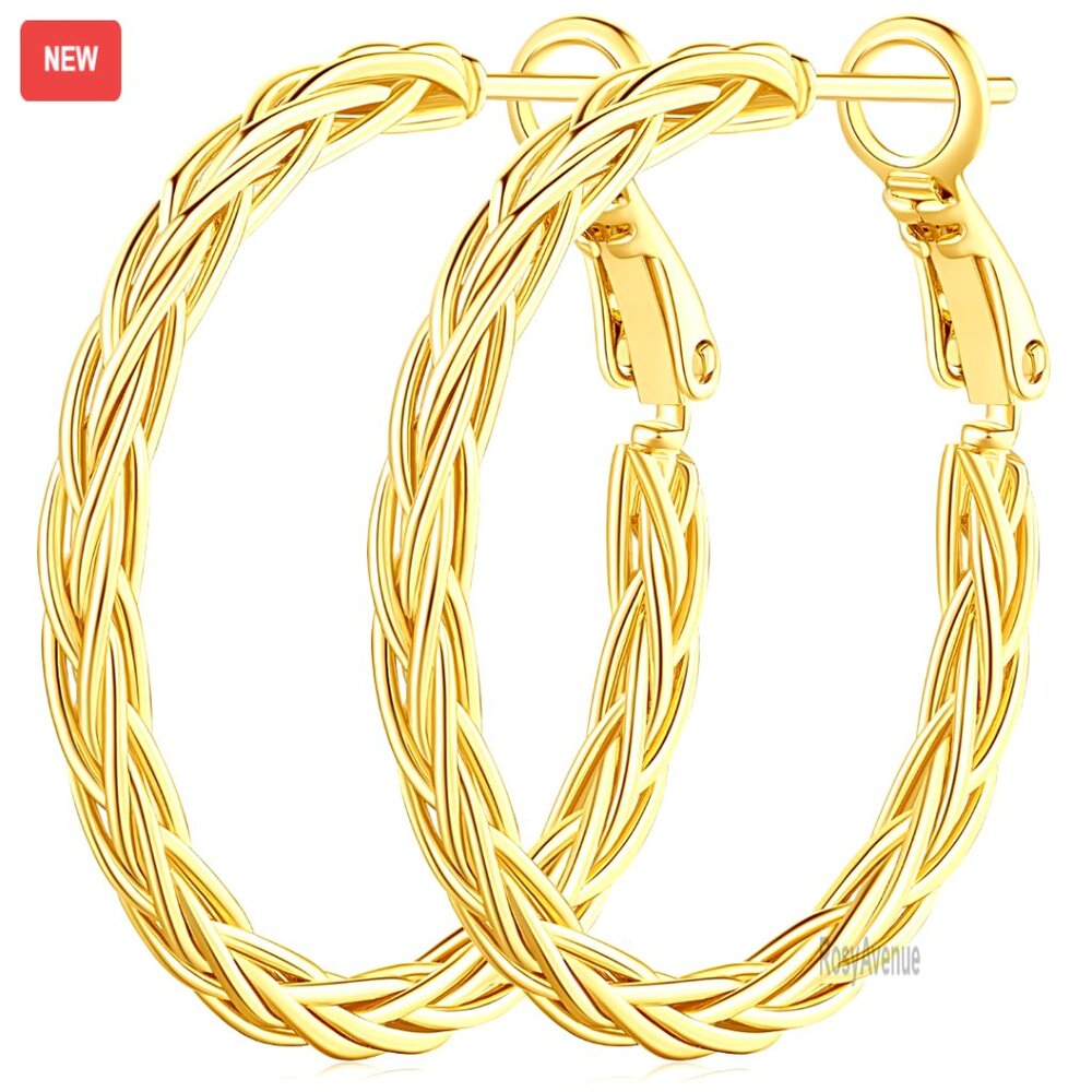 14k Gold Twisted Hoop Earrings 30mm Hypoallergenic Fine Weave Design